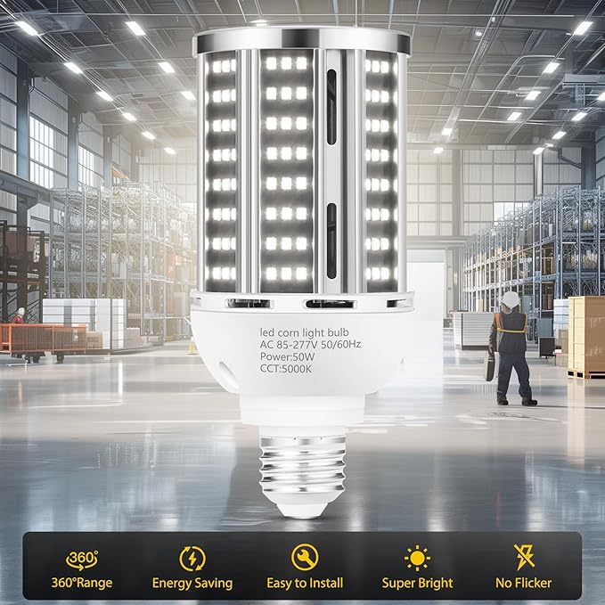 YANYCN 50W 2 Pack LED Corn Light Bulb,5000K Daylight 6500LM(500W Equivalent) Commercial GradeE26/E39 Medium Mogul Base LED Lamp,Large Area Lights for Outdoor Indoor Garage Warehouse Factory Bay Light