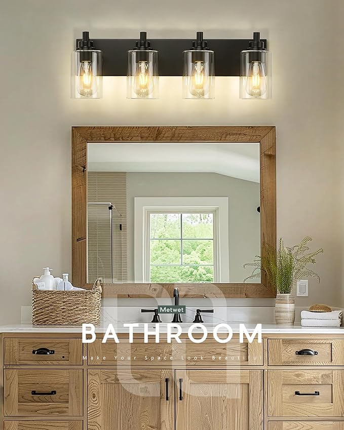 METWET 4-Light Bathroom Light Fixtures, Black Vanity Light with Cylinder Clear Glass Shade, Modern Vanity Lighting Fixtures Over Mirror, VL143-MB-4