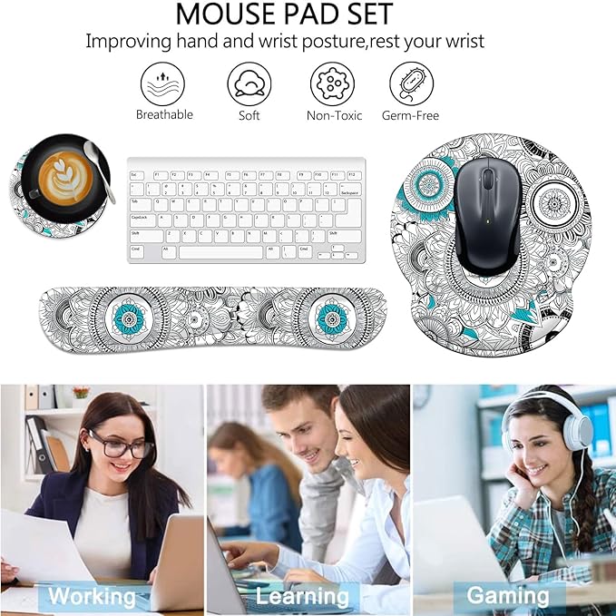 Keyboard Wrist Rest and Mouse Pad Wrist Support Set with Coasters,Non-Slip PU Base Ergonomic Gaming Mousepad for Home Office Working Studying Easy Typing & Pain Relief,Mandala Flowers