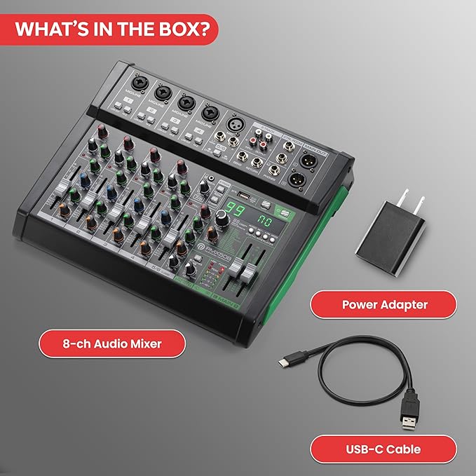 Pyle 8-Channel Audio Mixer, Bluetooth Studio Mixer/DJ Controller with Digital Effects, USB Interface, MP3 Compatible, XLR Inputs and LED Display, Audio Mixing Sound board System 10”x11”x3” inches