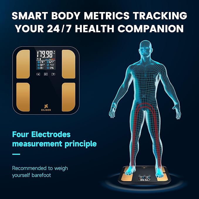 EILISON Smart Bathroom Scale with 4 Electrodes & BIA Technology High-Precision Body Fat Analyzer,Large Color Night Vision Touchscreen,Bluetooth App Sync for 19 Metrics,400LBS Capacity (Smart Black)