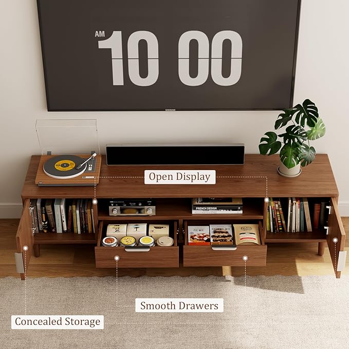 TIMBERKNOWS Mid-Century Modern TV Stand Fits TVs up to 60,Fluted TV Consoles Storage Doors and Cable Management,Entertainment Center tv Stands, for Living Room, Bedroom, Dining Room-Walunt