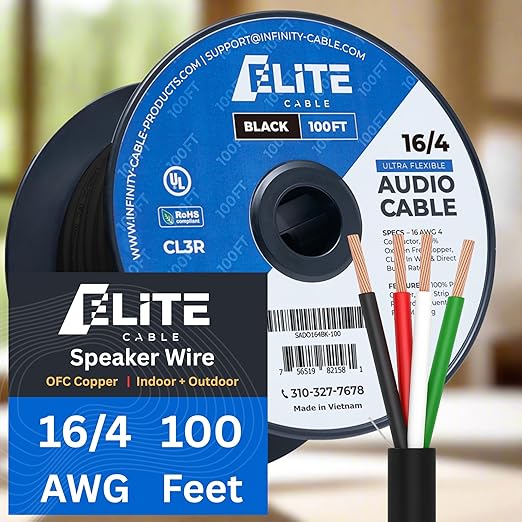 Elite 16/4 Speaker Wire 100ft, UL Listed, CMR/CL3R, (Riser/In-Wall & Outdoor/In-Ground (Direct Burial)- 100% Oxygen Free Pure Bare Copper (OFC), 16AWG/4-Conductor, 100ft Bulk Cable (65 strands), Black