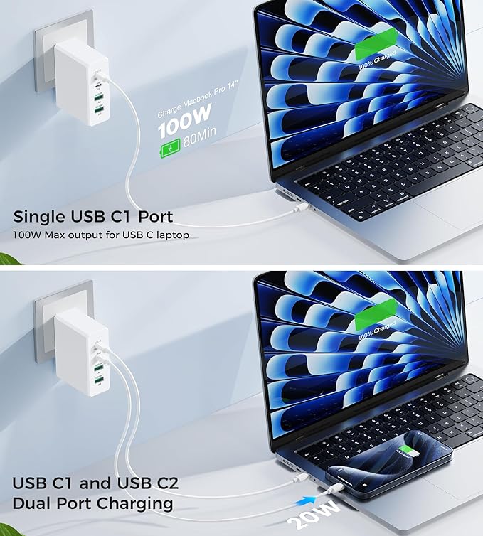Mac Book Pro Charger - 140W Type C Fast Charger for USB C Port MacBook Pro & MacBook Air, ipad Pro, 4-Port PD20W Wall Charging Block Cube for iPhone 17/16/15/14/13 Pro Max, iPad,Samsung Galaxy