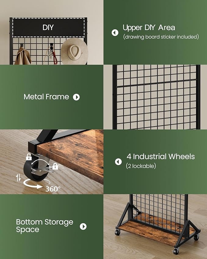 CHOEZON Grid Wall Panel, 2’ x 5.7’ Ft Floor Standing Gridwall Display Rack, Retail Display Stand, with 4 S-Shaped Hooks and 4 Garment Hooks for Entryway Kitchen Outdoor, Rustic Brown and Black TCJ27BF