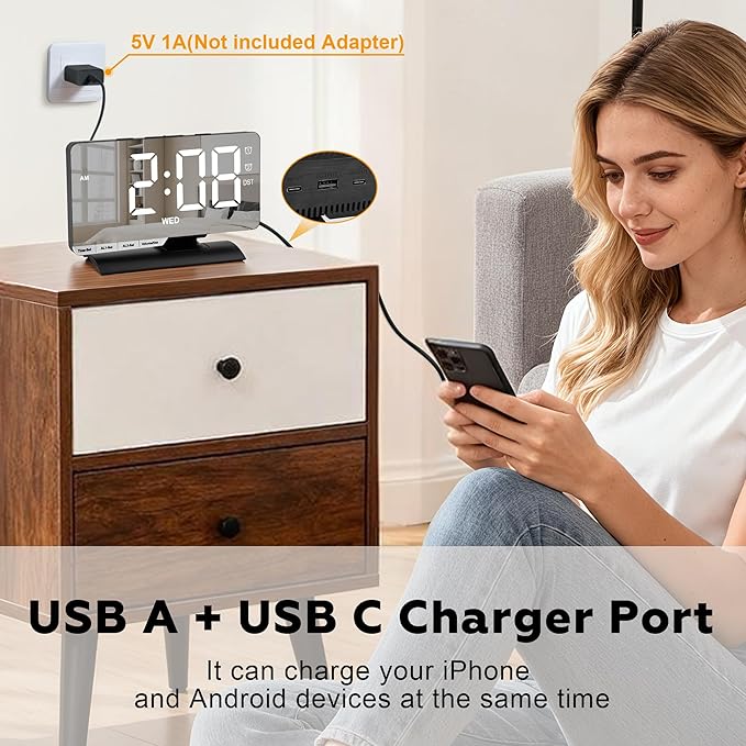 SZELAM Digital Clock,Alarm Clock Bedside,7.3'' Large LED Mirror with Date Display,Dual Alarm with 3 Mode,Brightnee Adjust,DST,Snooze Function,USB C Charging Port,5 Levels Volume for Desk Bedroom Teens
