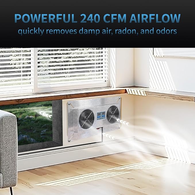 240 CFM Crawlspace Vent Fan, With Thermostat,Humidistat, Crawlspace Fans, For Moisture Reduction, Radon Mitigation, Freeze Protection , Ideal for Basement, Attic, Crawl Space Fan Vent(Natural color)