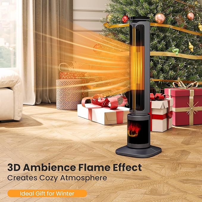 Zynkez 34.5" Space Heaters for Indoor Use Large Room, 1500W PTC Tower Fireplace Heater with 3D Flame, Room Heater w/Remote Control,12H Timer & Oscillation, Portable Electric Heaters for Bedroom, Grey