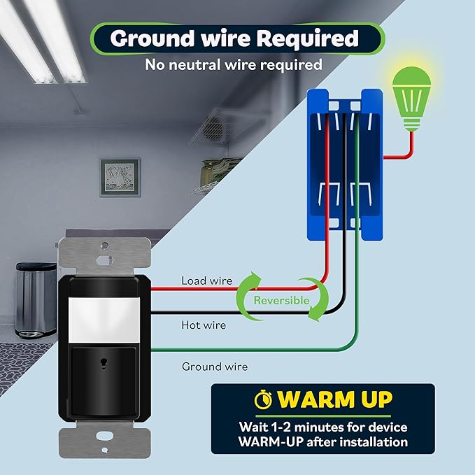 TOPGREENER PIR Motion Sensor Switch, Ambient Light Level Detector, No Neutral Required, 5A, 150W LED/CFL, 1/6 HP, Occupancy Vacancy Modes, Ground Wire Required, Single Pole, TDOS5-JM, Black