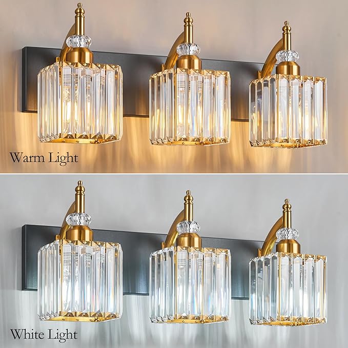 BBLLWJ Modern Bathroom Vanity Light 3-Light Black and Gold Crystal Light Fixtures Over Mirror for Bathroom Wall Sconce