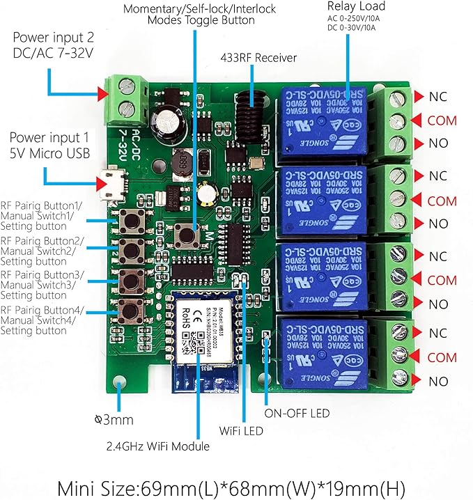 Newgoal 4 channelsWiFi Wireless Smart Switch Inching Self-locking Relay Module, be applied to access control Tuya SmartLife APP,DIY WIFI Garage Door Opener With 433 MHz RF remote control