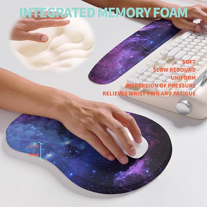 KUOSGM 2-in-1 Ergonomic Set, Wave Rise Keyboard Wrist Rest and Massage Bulge Slope Mouse Pad Wrist Support, Cushion Memory Foam Integrated to Relieve Wrist Pain, Galaxy