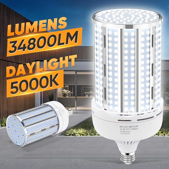 XYCN 2 Pack 240W Corn LED Light Bulb Fanless,5000K Daylight(2400 Watt Equivalent) E26/E39 Large Mogul Base LED Cob Lamp 34,800LM for Outdoor Indoor Garage Warehouse Factory Workshop Street Backyard
