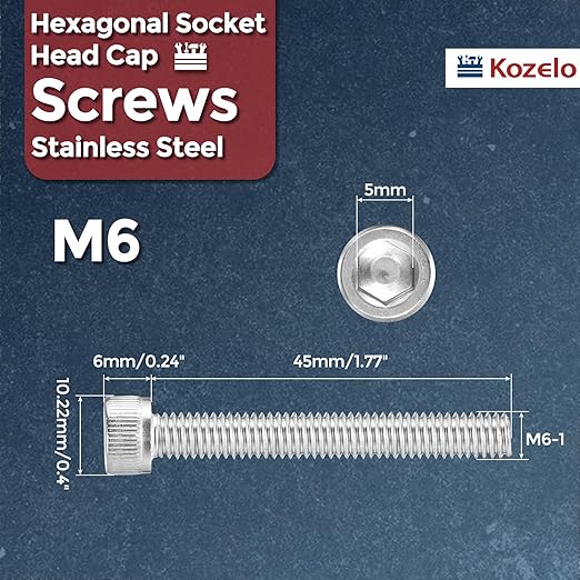 Kozelo 50pcs Socket Head Cap Screws - [M6-1 x 45mm] 304 Stainless Steel Allen Socket Drive for Electrical Motor 3D Printing Fan Engine Replacement Use, Silver