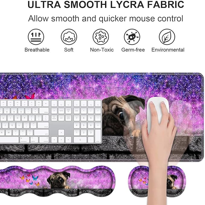 Ergonomic Keyboard Wrist Rest & Mouse Pad Wrist Rest Set, Large XXL Gaming Desk Mat 31.5"x 11.8" with Non-Slip Base, Memory Foam, Easy Typing Pain Relief for Home & Office, Cute Pug and Butterfly