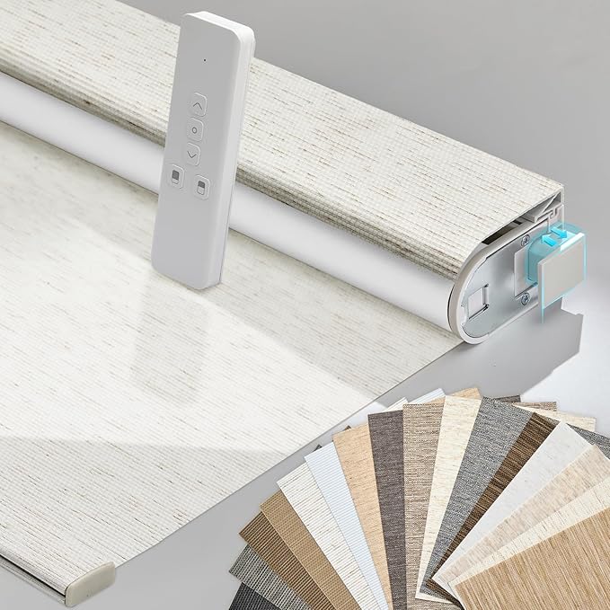 Persilux Smart Motorized Blinds with Remote, No Drill Automatic Roller Shades for Indoor Windows, Blackout Linen Fabric, Electric Blinds for Windows, Weave Mat C162BO-2, Custom Size