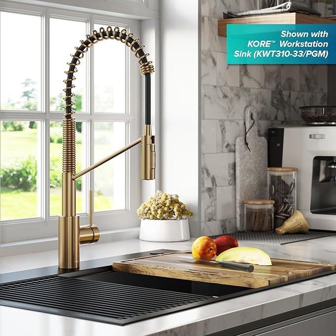 KRAUS Oletto Commercial Style Single Handle Pull Down Kitchen Faucet with QuickDock Top Mount Installation Assembly in Brushed Brass, KPF-2631BB