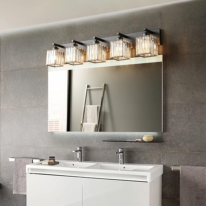 FDPBY Modern Black Crystal Bathroom Vanity Light - 5-Lights Wall Light Fixtures