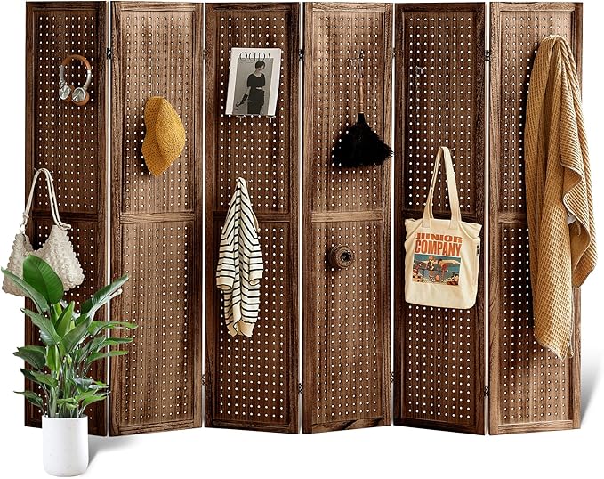 Asnefeli 6 Panel Pegboard Display with 24 Hooks, Wood Room Divider Wall, 5.6Ft Folding Privacy Screen Divider Room, Portable Freestanding Wall Organizer for Bedroom Reading Room(Dark Brown)