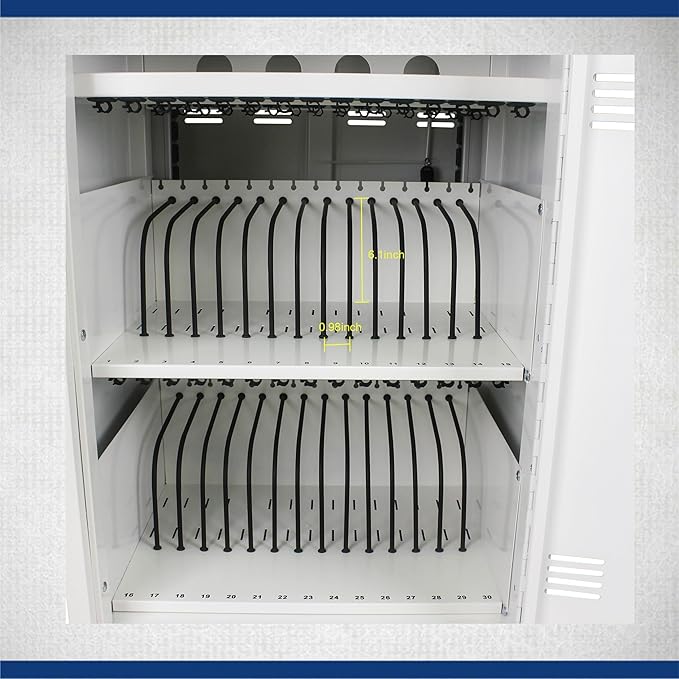 32 Device Mobile Charging Station for Laptops/Tablets/iPads/Chromebooks,32 Bay Lockable Charging Cabinet with Cable Management & Power Strip Included, Laptop & Tablet Storage Carts,Combination Lock