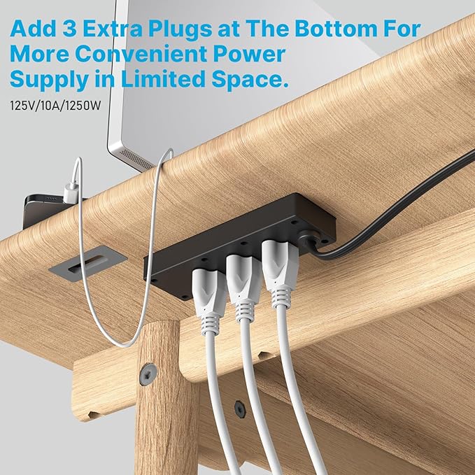 CCCEI 6 Outlets Dual Side Recessed Power Strip with 45W USB C Port, Furniture Flush Mount, Under Desk, Desk Top Multiple Outlet, Hidden Charging Station for Conference Table, Nightstand, Black. 10FT.
