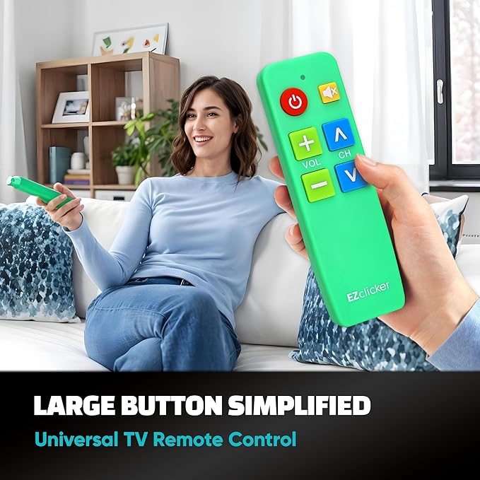 EZclicker TV Remote for Seniors, Extra Simple Big Button Remote (Green) Works with Major TV Brands, NOT for Streaming (2xAAA Batteries Not Included)