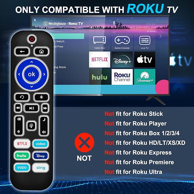 2 Pack Backlit Remote Control Only for Roku TV, Fit for TCL/Onn/Hisense/Element/Sharp/Philips/Westinghouse/Insignia/JVC/RCA/Hitachi/Sanyo Roku Series TVs (Not for Roku Stick and Box)-Black