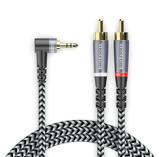 BlueRigger 3.5mm Aux to 2RCA Audio Cable (6FT, 90D Stereo Splitter Y 2RCA Male, Braided, 1/8" RightAngled TRS to RCA, Hi-Fi Sound, Metal Shell) - for Phones, Amplifiers, Tablets, Home Theater, HDTV
