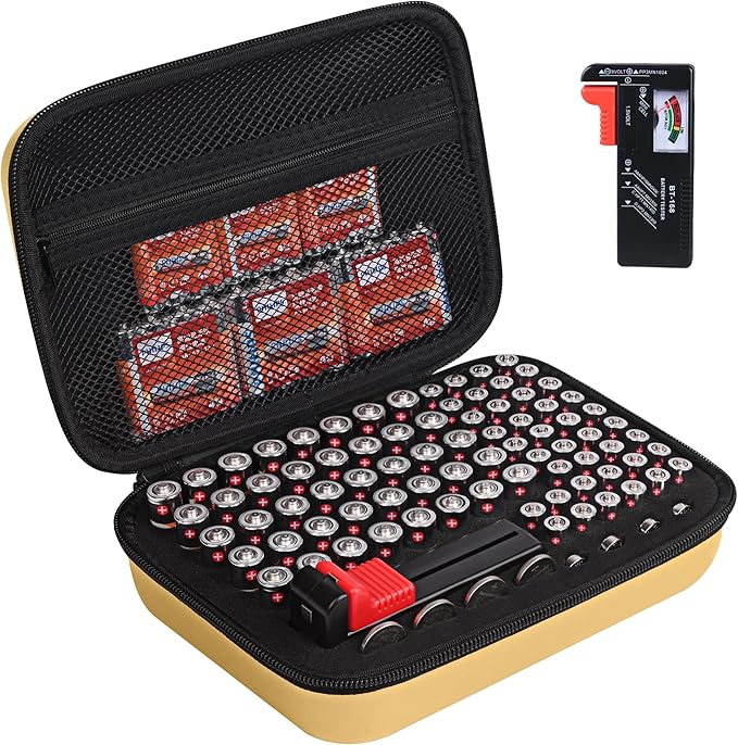 stukcaze Battery Organizer Storage Case with Tester for AA AAA Button Battery Holder Carrying 3 Batteries Variety Pack 88 Batteries Zipper Mesh Bag (Batteries Not Included) (gold)