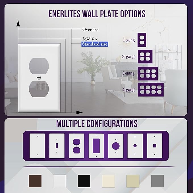 Enerlites 8821-W Duplex Receptacle Outlet Wall Plate, Standard Size 1-Gang, Polycarbonate Thermoplastic, White