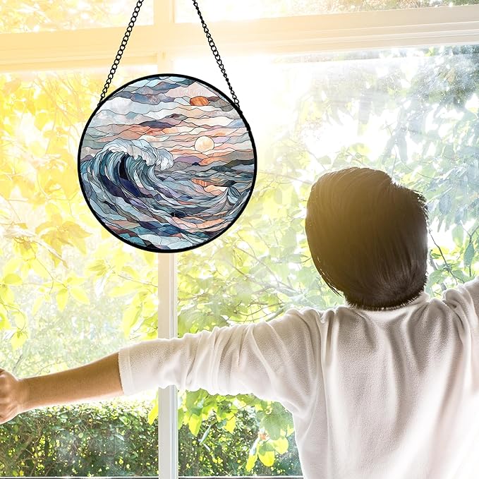 DASTOLL Stained Glass Window Hanging, Sunrise Waves Sun Catchers Diamond Glass Panel Hangings Abstract Suncatcher Decor for Birthday for Women, Men, Wife, Aunt, and Mom 7.8 in