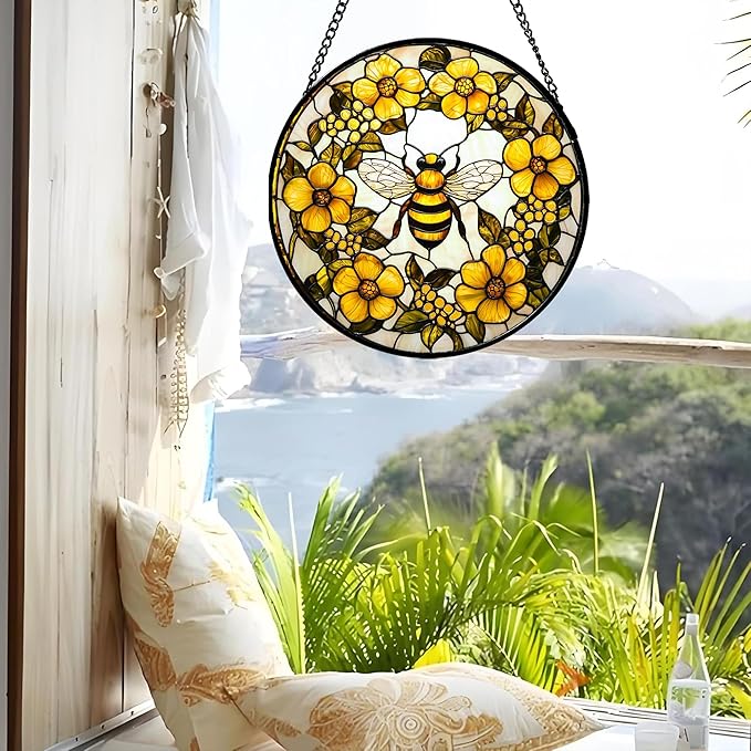 AMDERVEN Stained Glass Window Hanging - Yellow Flowers Surrounded by Bees Sun Catcher for Door Garden Home Decor Cute Suncatcher Christmas Mother's Day Birthday Gifts for Women Men Mom Nana 6.3 in