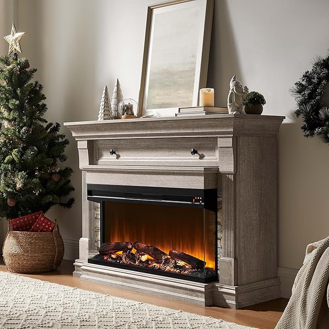 OKD 52 Inch Electric Fireplace with Mantel, Fireplace TV Stand with 36" 3-Sided Glass Electric Fireplace Heater for Living Room (Light Rustic Oak)