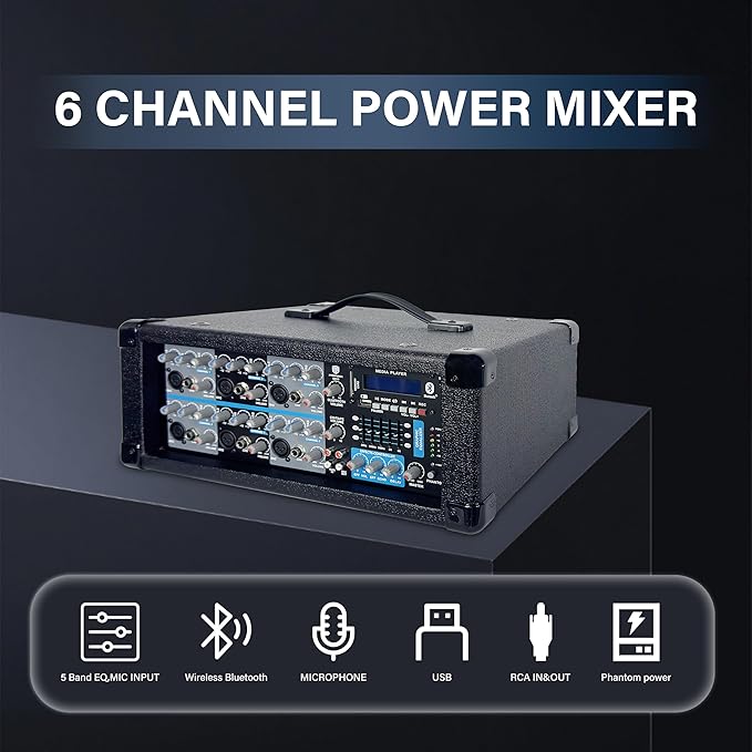 PRORECK MX16 6-Channel 2000w Professional Audio Mixer with USB Interface, Bluetooth, Effect Controller, 15V Phantom Power. Ideal for Studio Recording, Live Performances, DJs, Bands, Party, Wedding