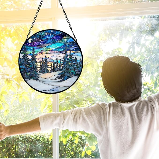DASTOLL Stained Glass Window Hanging, Starry Sky Trees and Snow Sun Catchers Glass Panel Blue Suncatcher Decor for Birthday for Women, Men, Wife, Aunt, and Mom 11.8x11.8 in