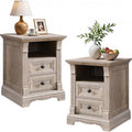T4TREAM Farmhouse Nightstand Set of 2, 18" Side Table with Charging Station, Wood End Table w/Roman Column, Bedside Cabinet for Bedroom, Living Room, Light Rustic Oak