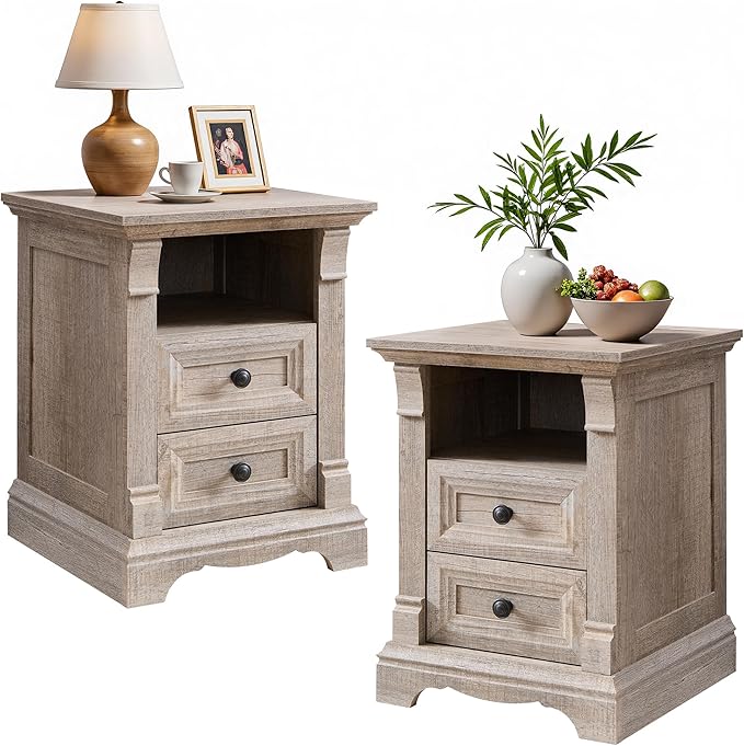 T4TREAM Farmhouse Nightstand Set of 2, 18" Side Table with Charging Station, Wood End Table w/Roman Column, Bedside Cabinet for Bedroom, Living Room, Light Rustic Oak