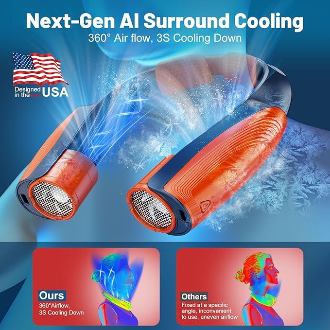 AI Portable Neck Fan with 6 Powerful Speeds, 8000mAh Battery Operated USB-C Rechargeable Fan, Hands-Free 360° Cooling Neck Fan,Ultra-Quiet Personal Fan for Women Men Office Travel(Orange-Blue)