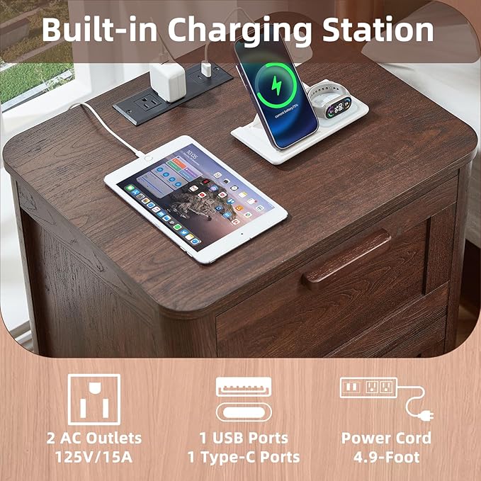Joaxswe Farmhouse Nightstand Set of 2 with Charging Station, End Tables Bedroom with 2 Large Drawers & 4 Thickened Table Legs, Walnut