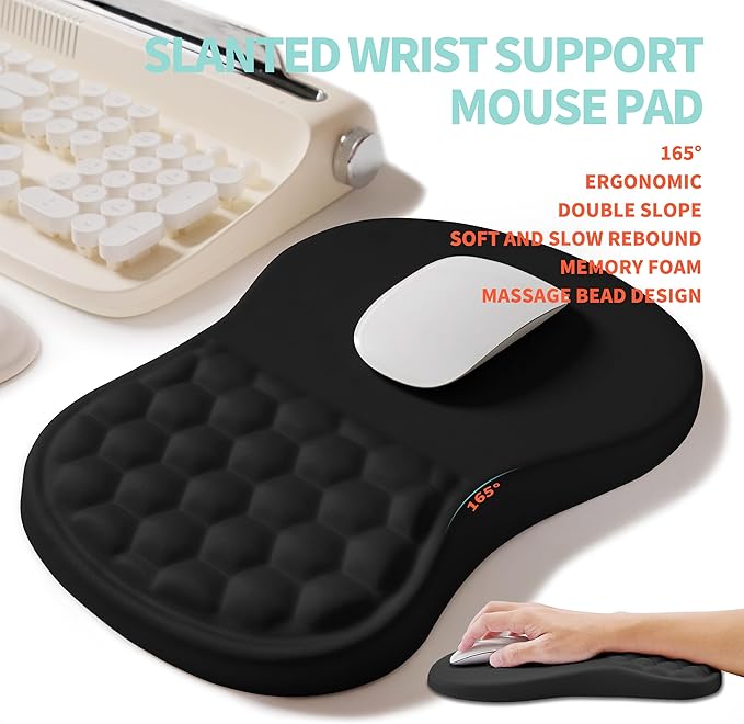 KUOSGM 2-in-1 Ergonomic Set, Wave Rise Keyboard Wrist Rest and Massage Bulge Slope Mouse Pad Wrist Support, Cushion Memory Foam Integrated to Relieve Wrist Pain, Black