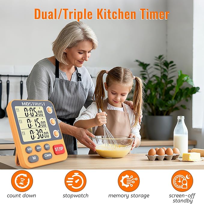 MOSTRUST Digital Dual Kitchen Timer, 3 Channels Countdown Triple Timer for Cooking, Magnetic Memory-Preset Large Display Adjustable Alarm Volume, Multi Times Management, 3A Battery Included, Orange