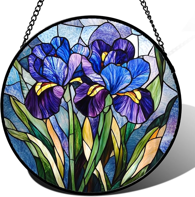 CRISGIF Stained Glass Window Hanging - Blue Purple Iris Flower Suncatcher for Door Garden Patio Sun Catchers Decor Christmas Mother's Day Birthday Gifts for Women Men Mom Nana Aunt Friend 9.8 in