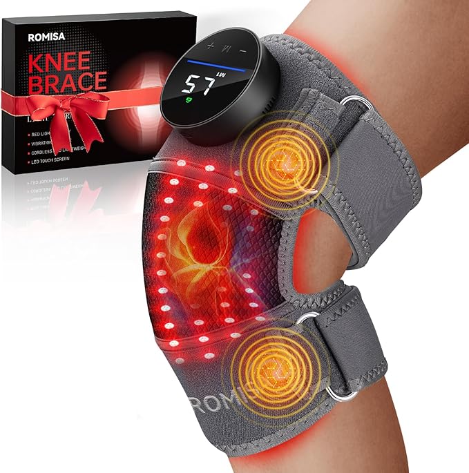 Red Light Therapy Knee Brace &Vibration Knee Massage, 660nm & 850nm Rechargeable Near Infrared Light Therapy Device for Knee/Elbow/Shoulder for Cordless Use, Gray.