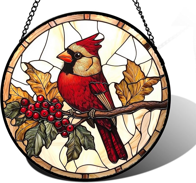 DASTOLL Stained Glass Window Hanging, Birds on a Branch Cardinal Sun Catchers Diamond Glass Panel Hangings Suncatcher Decor for Birthday for Women, Men, Wife, Aunt, and Mom 9.8X9.8IN