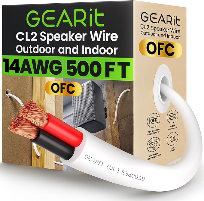GearIT 14/2 Speaker Wire (500 Feet) 14AWG Gauge - in Wall Audio Speaker Wire Cable / CL2 Rated / 2 Conductors - OFC Oxygen-Free Copper, White 500ft