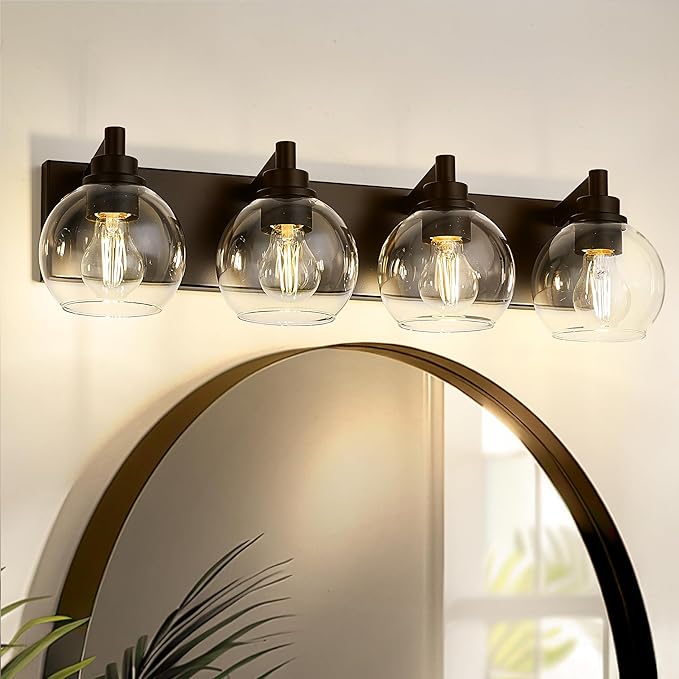 METWET Bathroom Light Fixtures Over Mirror, 4-Light Oil Rubbed Bronze Bathroom Vanity Light with Globe Clear Glass Shade, 26 Inch Modern Sconces Wall Lighting, VL195-ORB-4