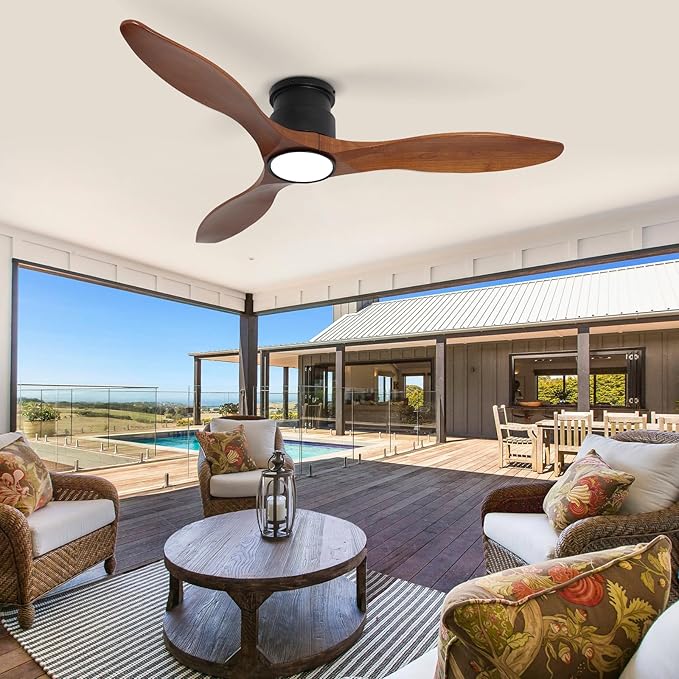 revoici 52Inch Wood Ceiling Fans with Lights and Remote Control, Indoor Outdoor Ceiling Fans Farmhouse, Low Profile Ceiling Fan with Light Timing 6 Speeds 3 Color Light Memory Lighting Reversible