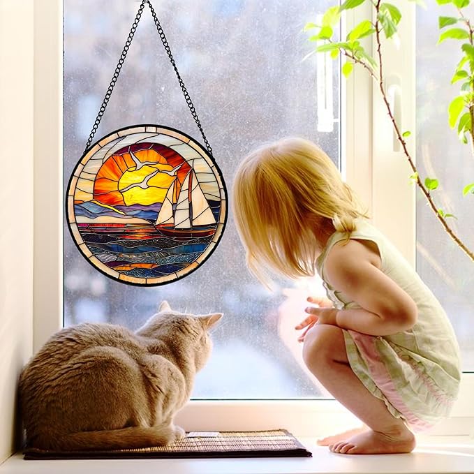 DASTOLL Stained Glass Window Hanging, Sun Ocean Sailboat Seagull Abstract Suncatcher Diamond Glass Panel Sun Catchers Decor for Birthday for Women, Men, Wife, Aunt, and Mom 9.8 in
