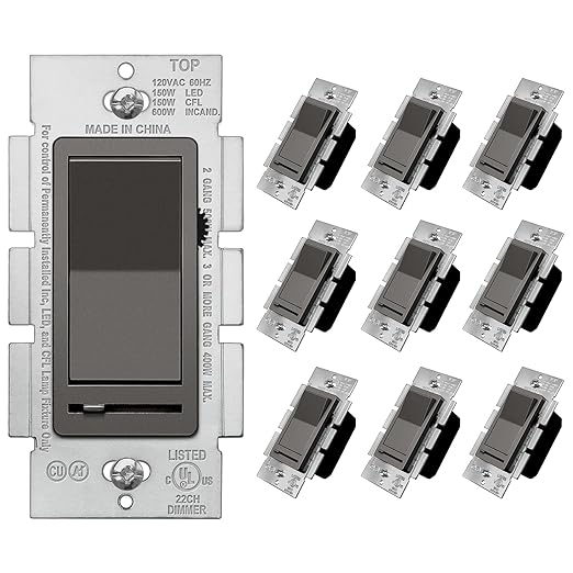 BESTTEN 10 Pack Matte Brown Dimmer Light Switch, Single Pole or 3-Way, Compatible with Dimmable LED, CFL, Incandescent and Halogen Bulb, 120VAC, UL Listed