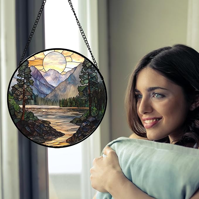 AMDERVEN Stained Glass Window Hanging, Sunset Mountains Lake Tree Sun Catcher for Window Home Decor Landscape Suncatcher Mother's Day Birthday Gifts for Women Men Mom and Nana 9.8 in